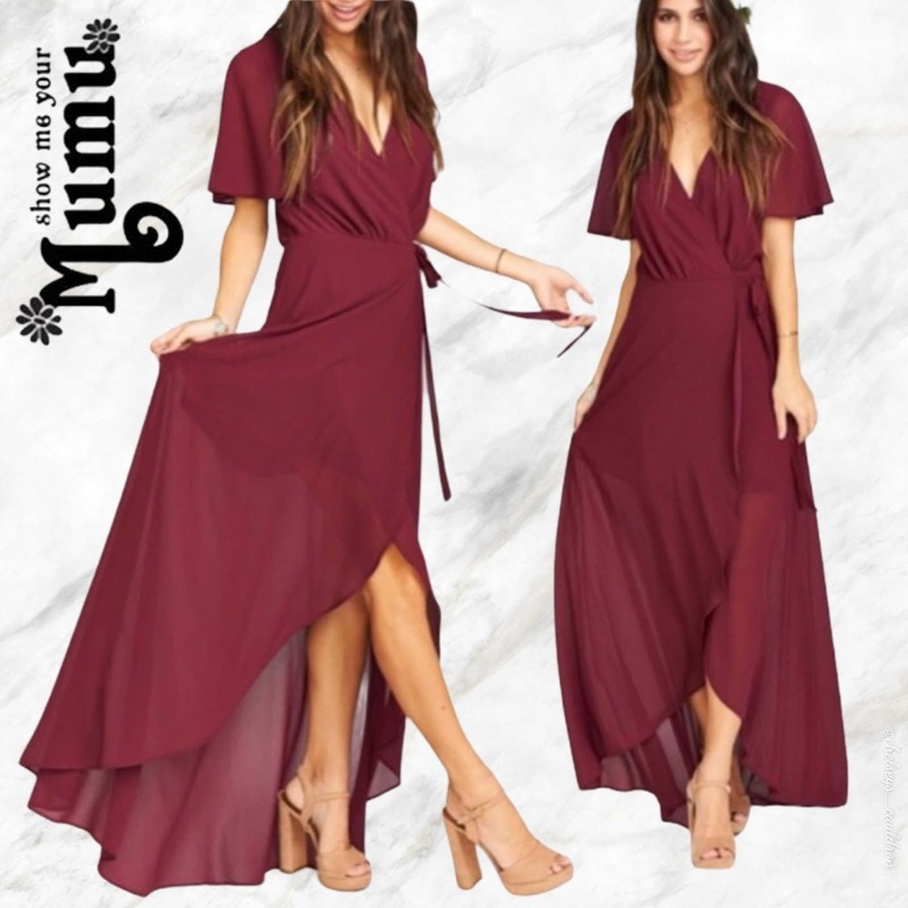 MuMu Bridal Sofia Wrap Dress Merlot Chiffon NWT